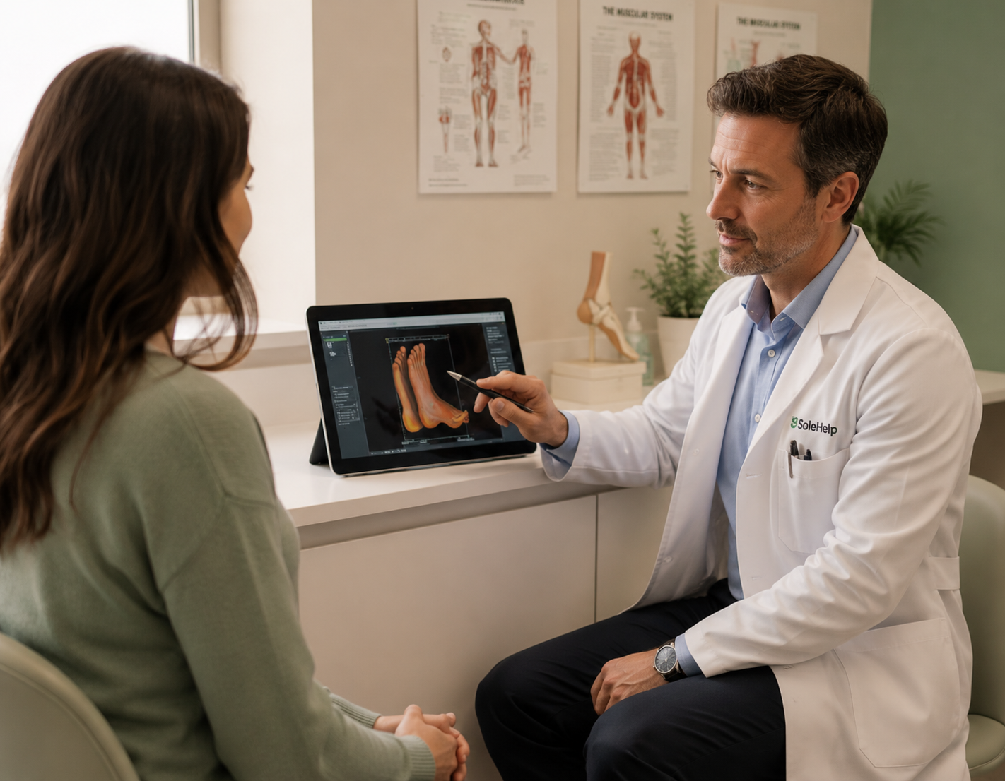 Podiatrist consulting with a client over a foot scan