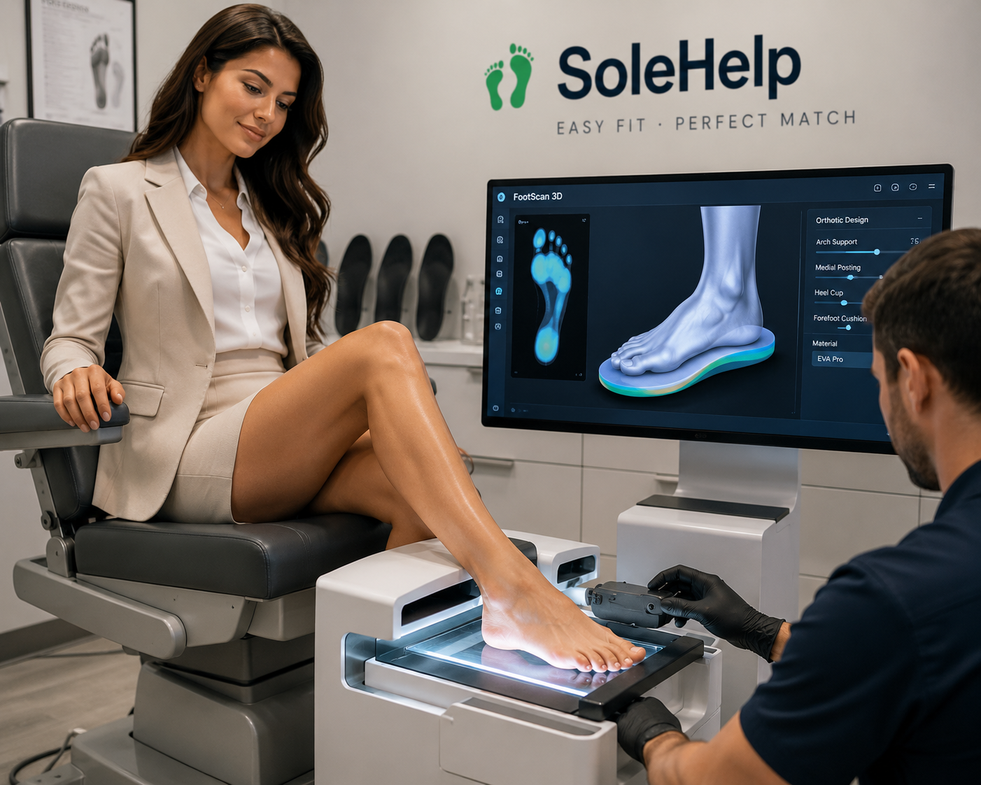 Client receiving a 3D foot scan at a SoleHelp studio