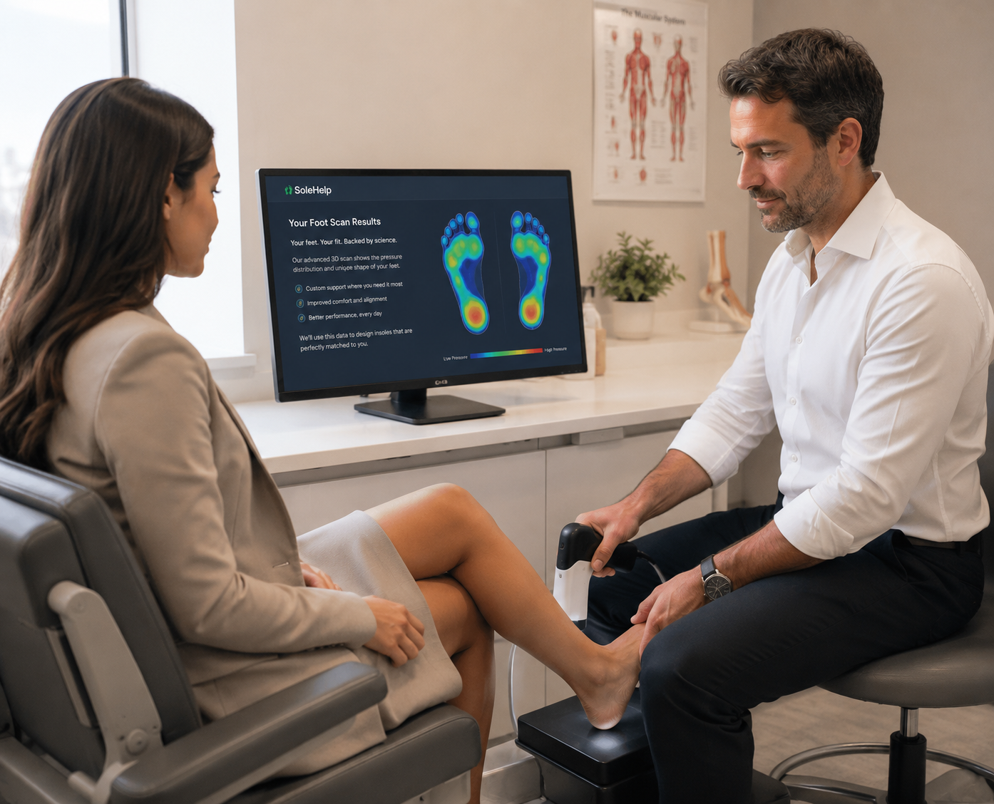 Clinicians and a client reviewing a 3D foot scan in a premium retail studio